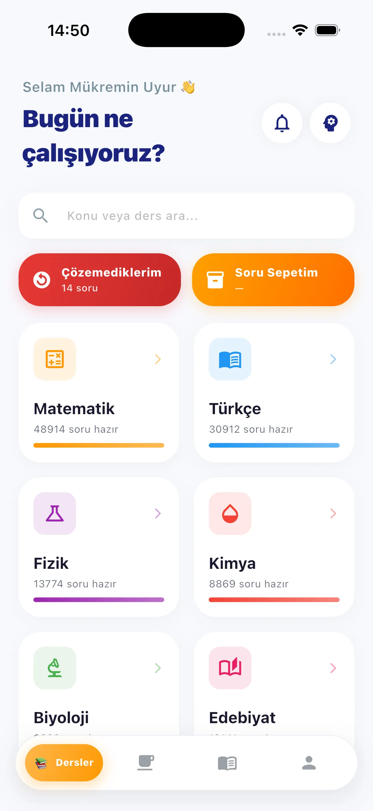 Cep Dershanesi uygulamasında YKS çalışma ekranı